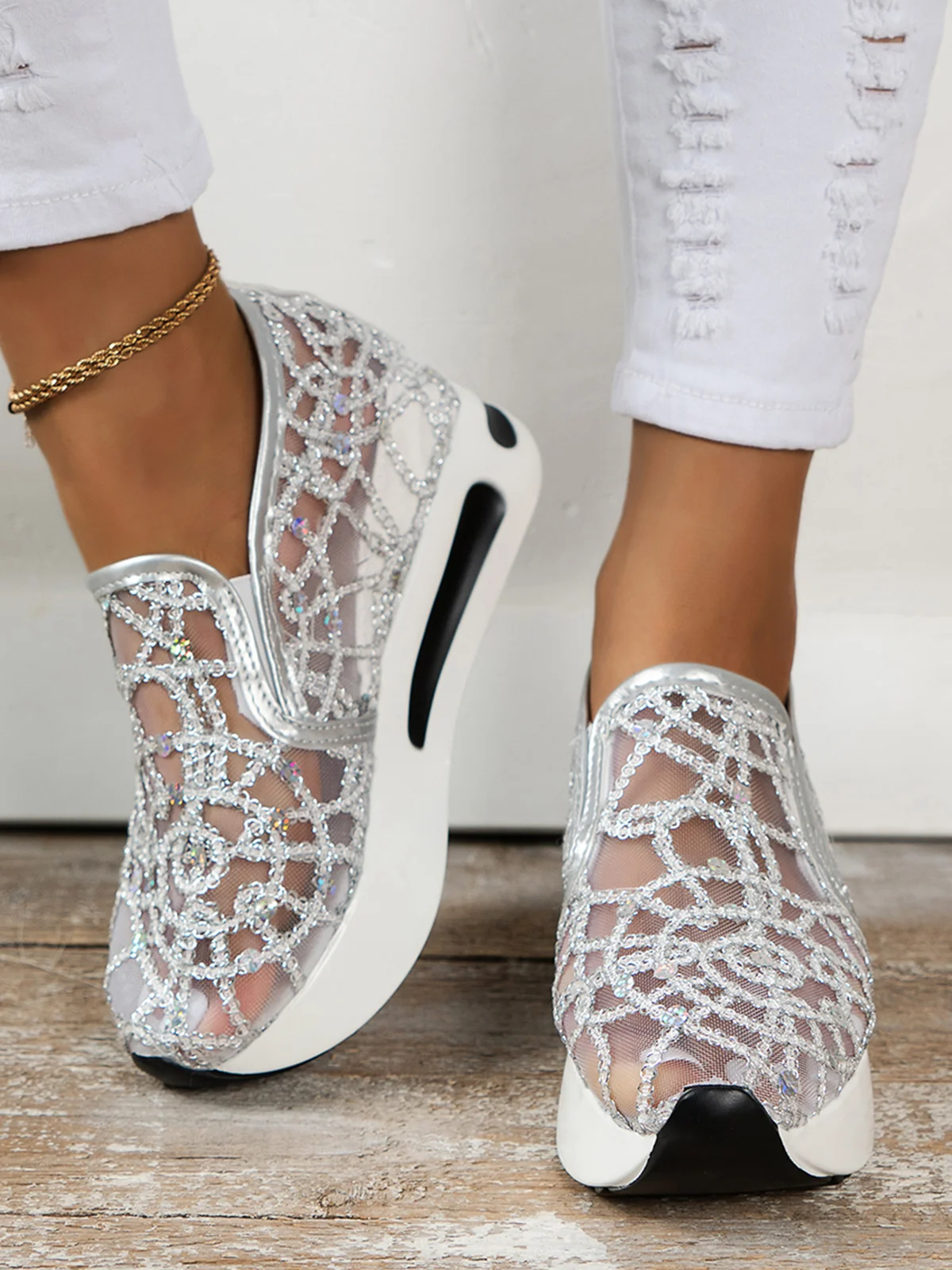 Fashion Sequin Breathable Mesh Slip On Platform Sneakers