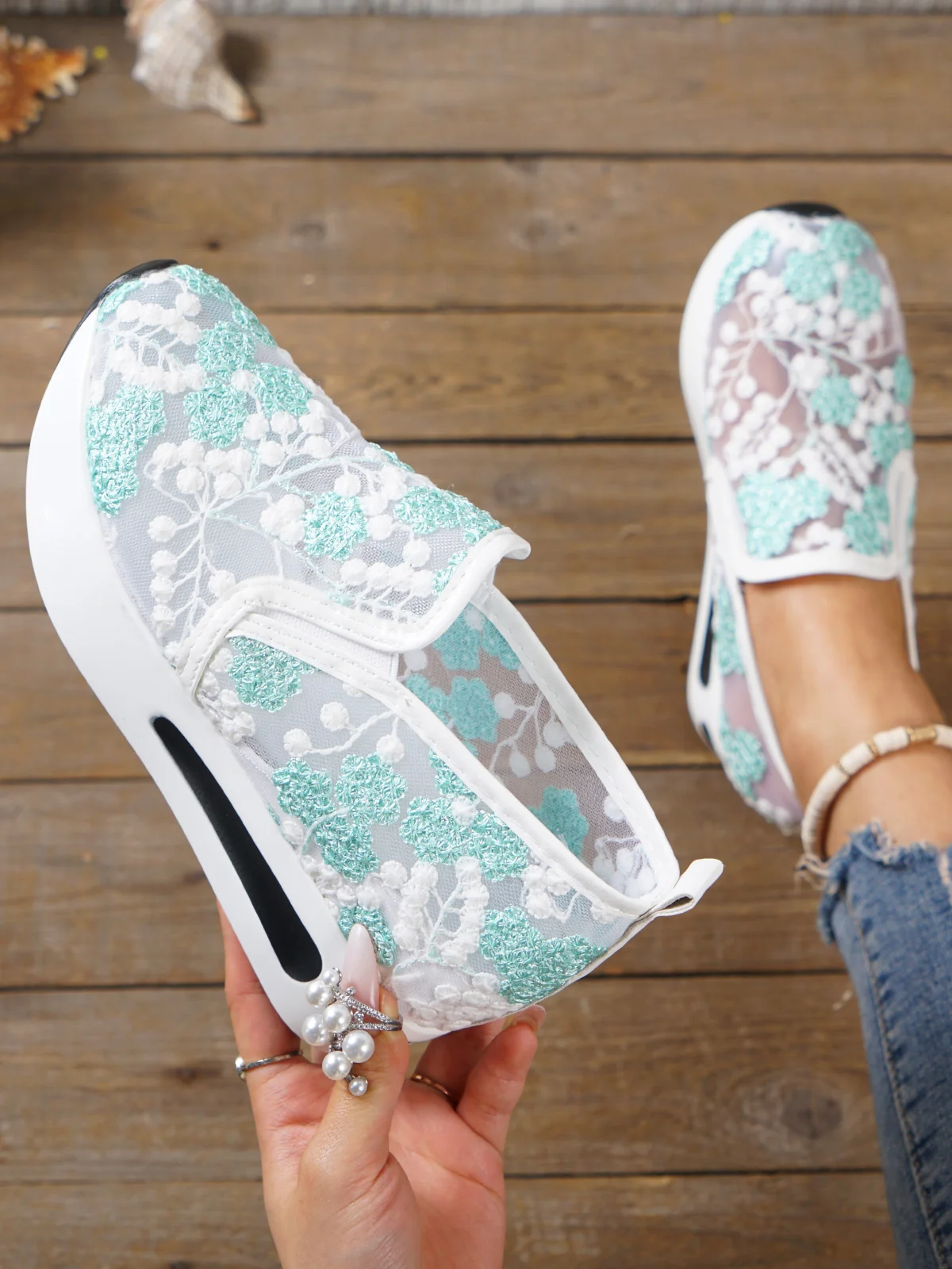 Floral Embroidery Breathable Sheer Mesh Sneakers