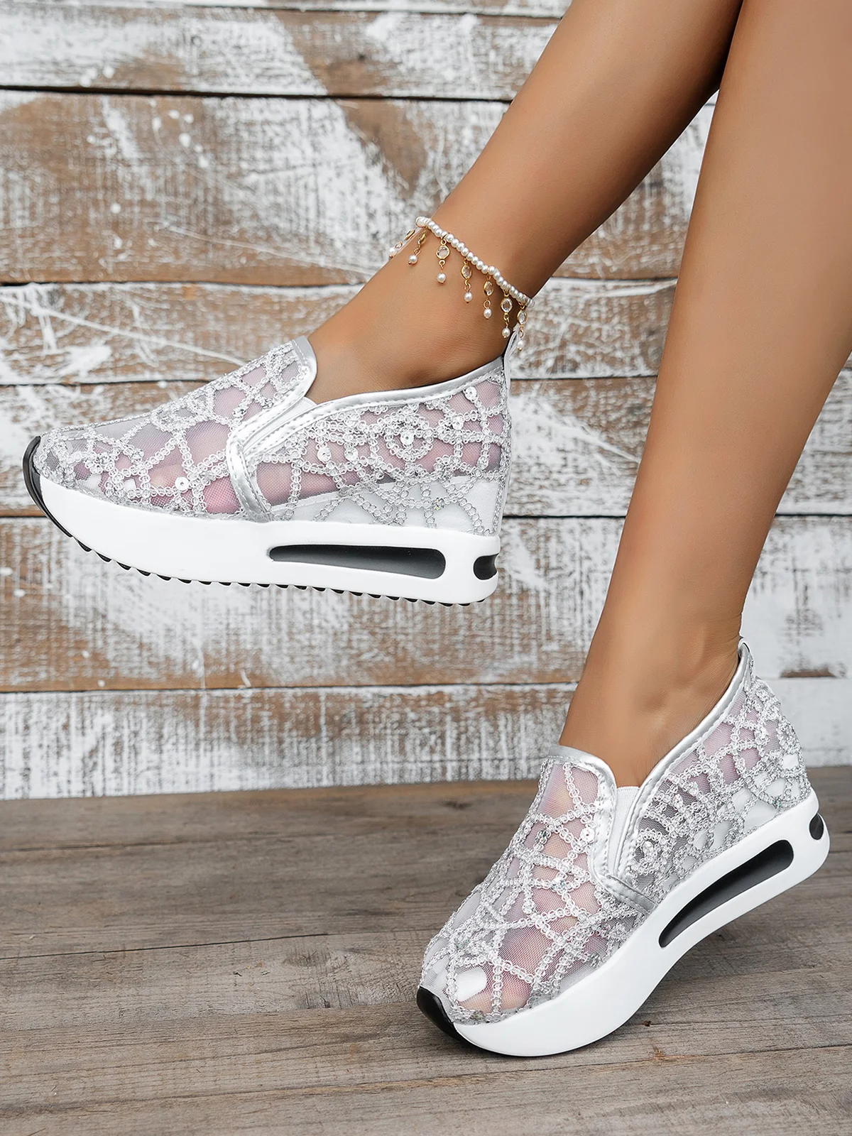 Fashion Sequin Breathable Mesh Slip On Platform Sneakers