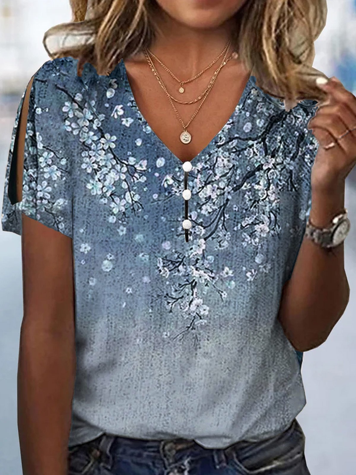 Loose Floral V Neck Casual Shirt