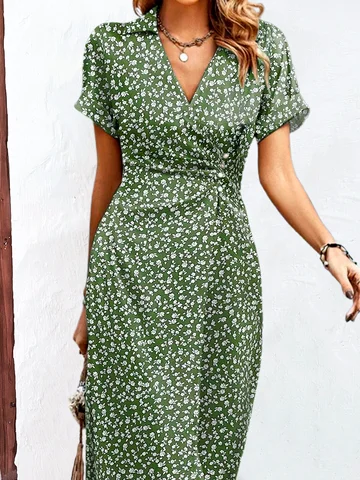 Floral V Neck Buttoned Casual Dress