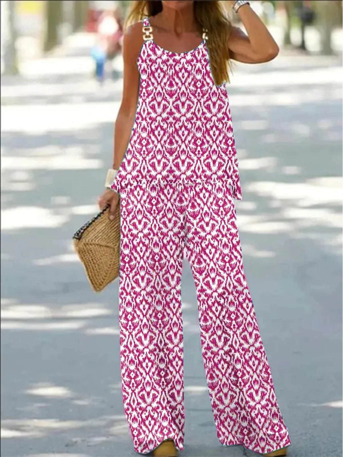 Ethnic Sleeveless Spaghetti Casual Grommets Two-Piece Set