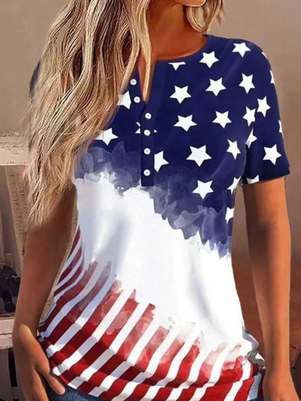 Striped Casual Buckle Independence Day Jersey Shirt With America Flag