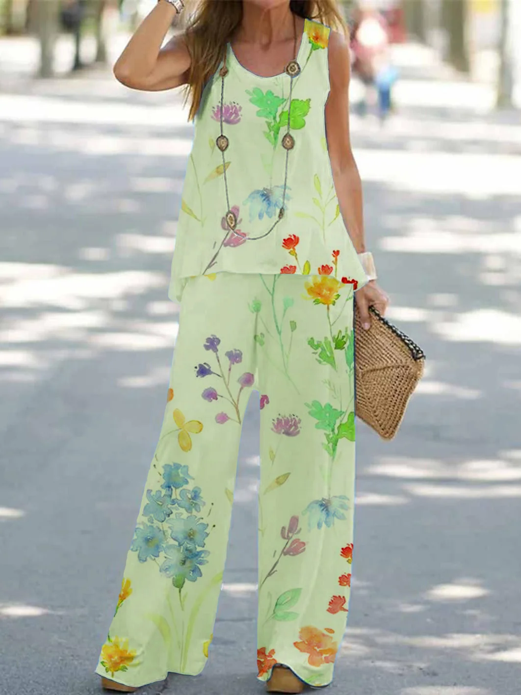 Loose Floral Printed H-Line Two-Piece Set Crew Neck Tank With Pants
