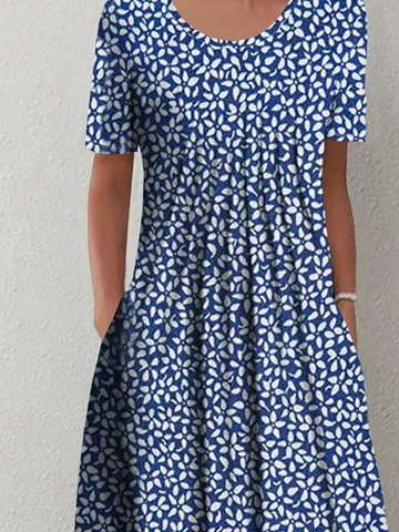 Casual Floral Pattern Crew Neck Loose Short Sleeve A-Line Dress