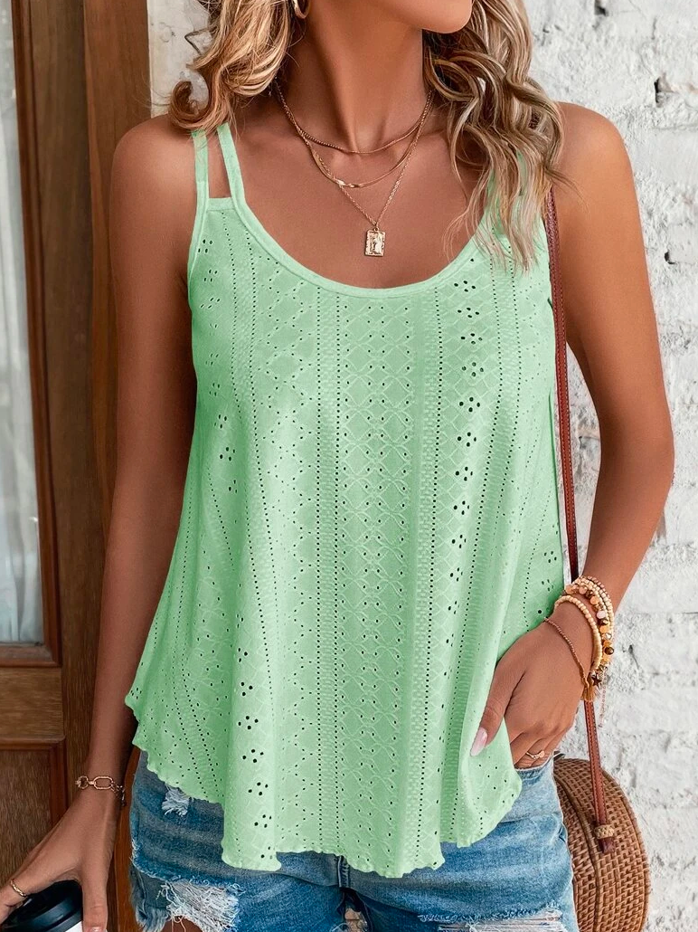 Plain Solid A-Line Tank Casual Eyelet Embroidery Cami