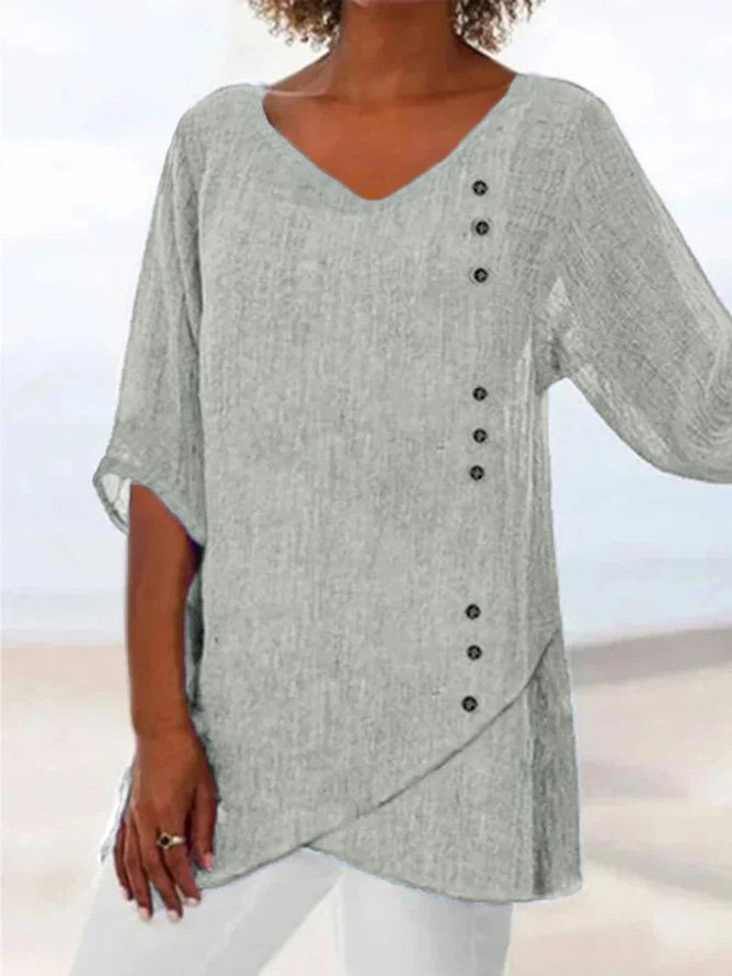 Casual Plain V Neck Loose Blouse