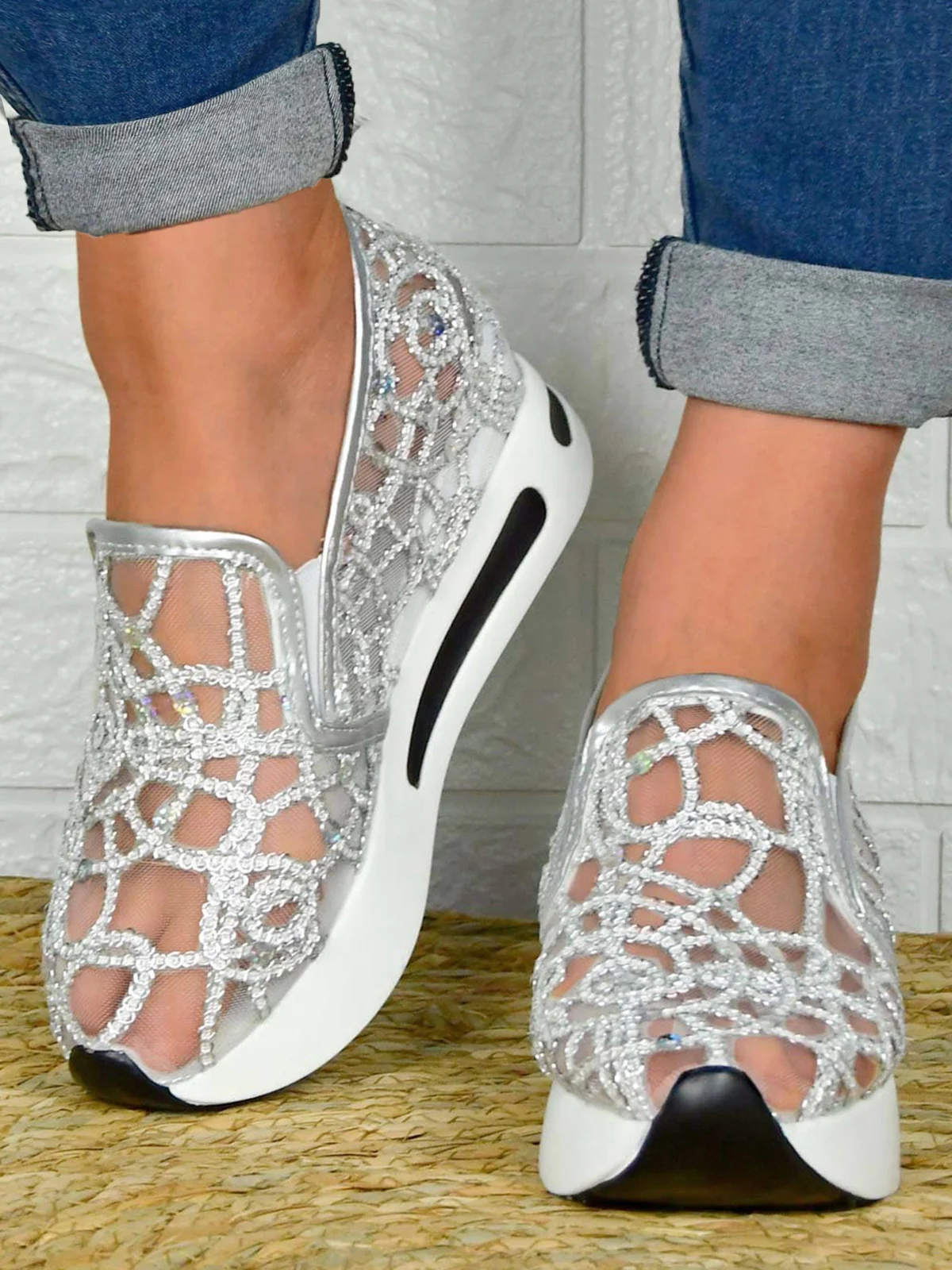 Fashion Sequin Breathable Mesh Slip On Platform Sneakers