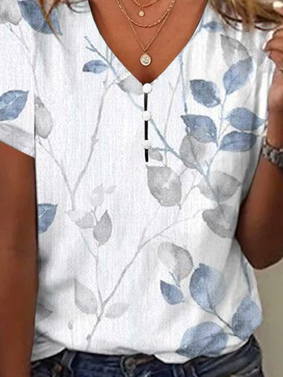 V Neck Casual Leaf Printed Shirt