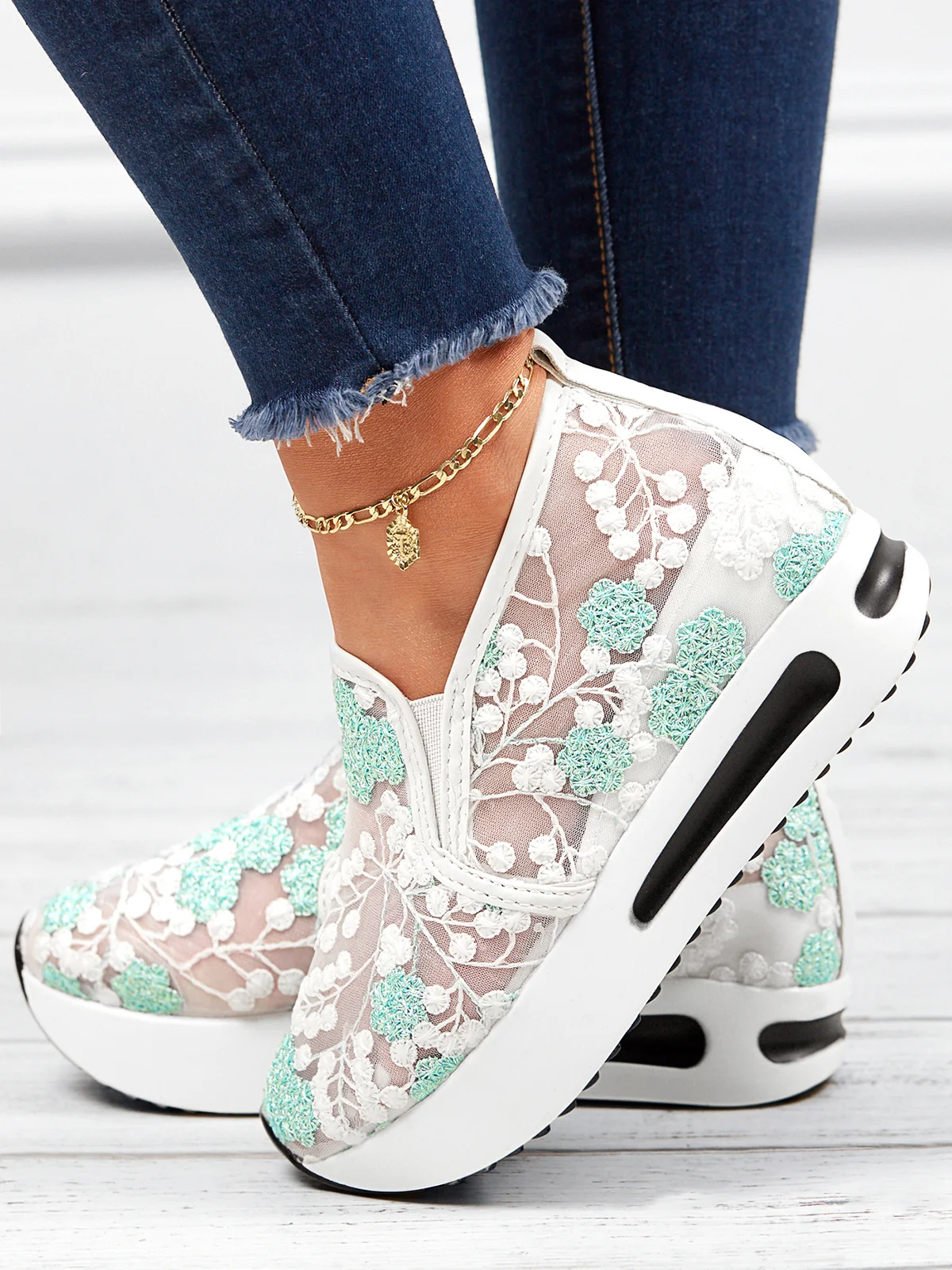 Floral Embroidery Breathable Sheer Mesh Sneakers