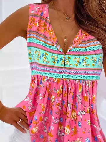 Floral Printed Loose Vacation V Neck Tank Top