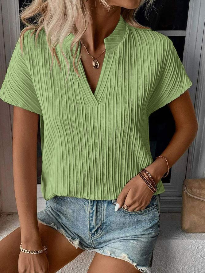 Striped Basic Loose Casual V Neck Plain Short Sleeve Shirt