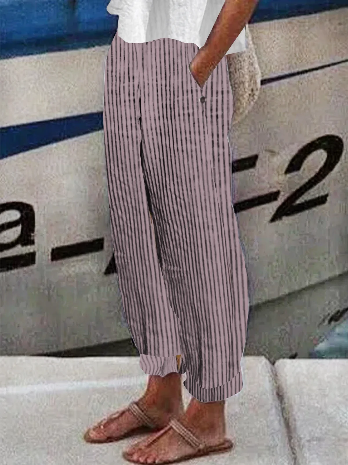 Striped Buttoned Women Classical Geometry Casual Turnip Long Pants