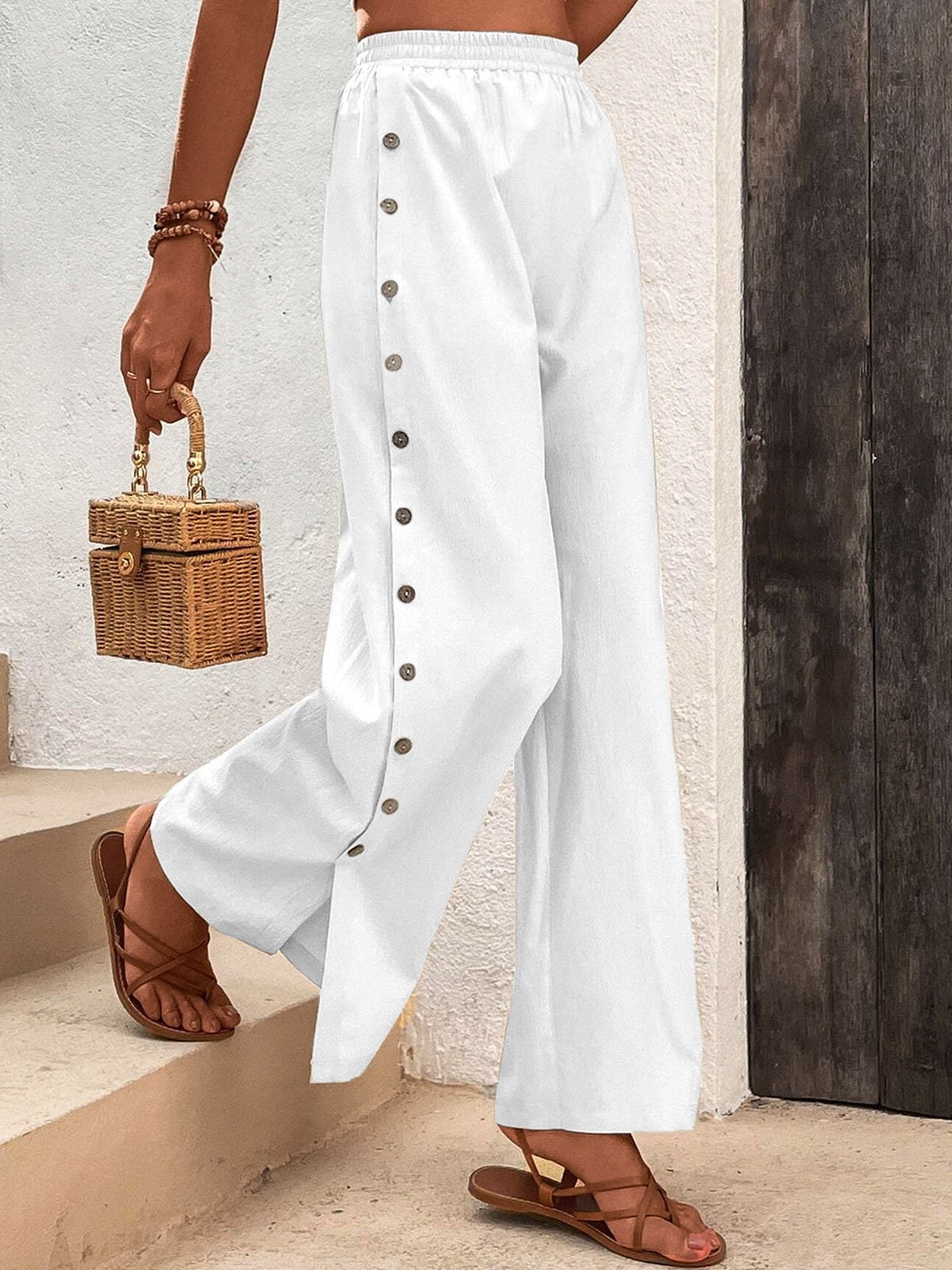 Cotton Casual Plain Buckle Pants