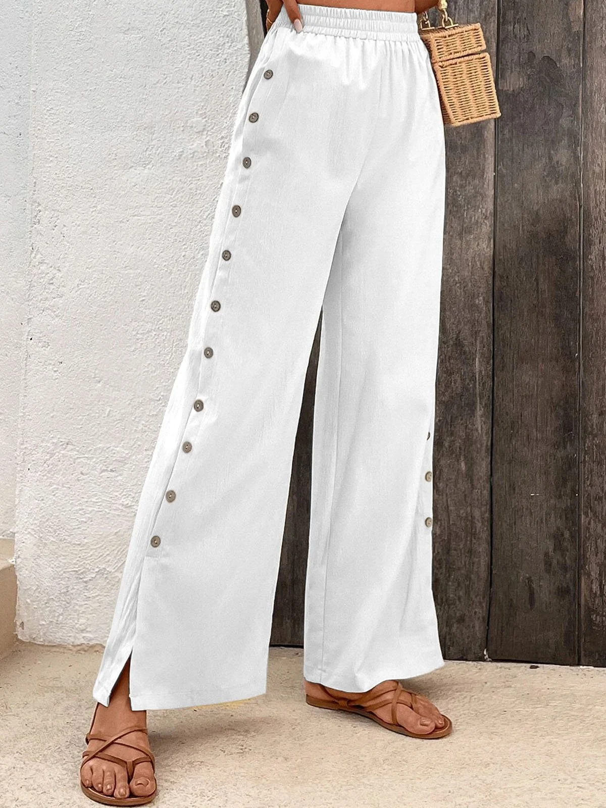 Cotton Casual Plain Buckle Pants