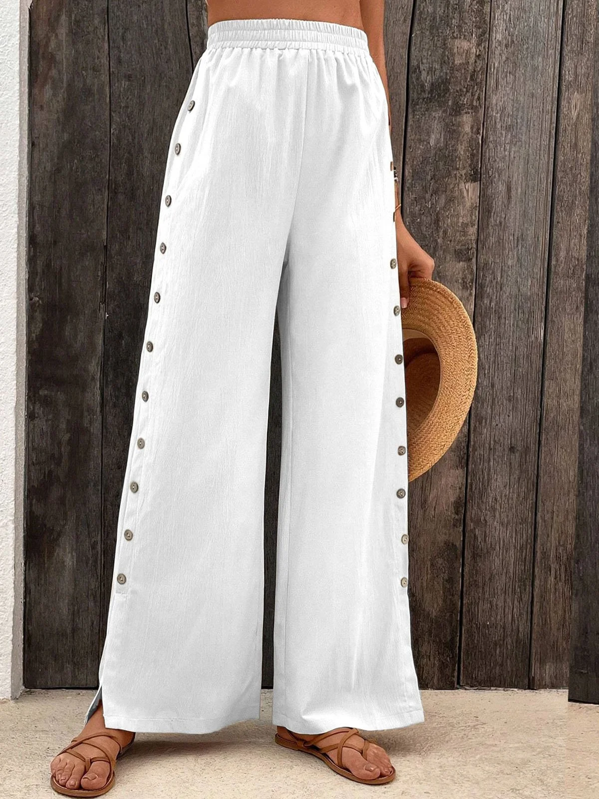 Cotton Casual Plain Buckle Pants