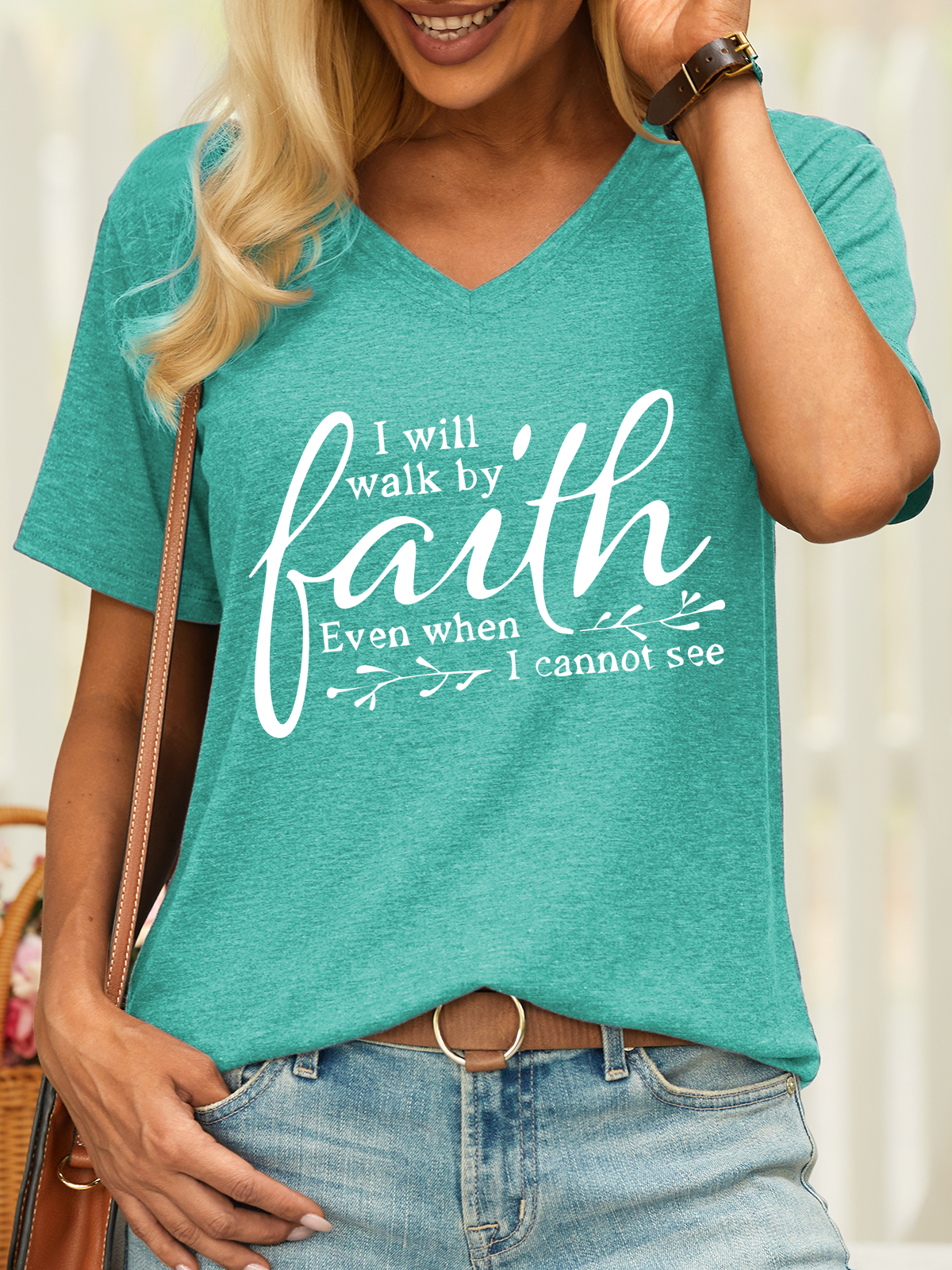 Women’s I Will Walk By Faith Even When I Cannot See Cotton V Neck Casual T-Shirt