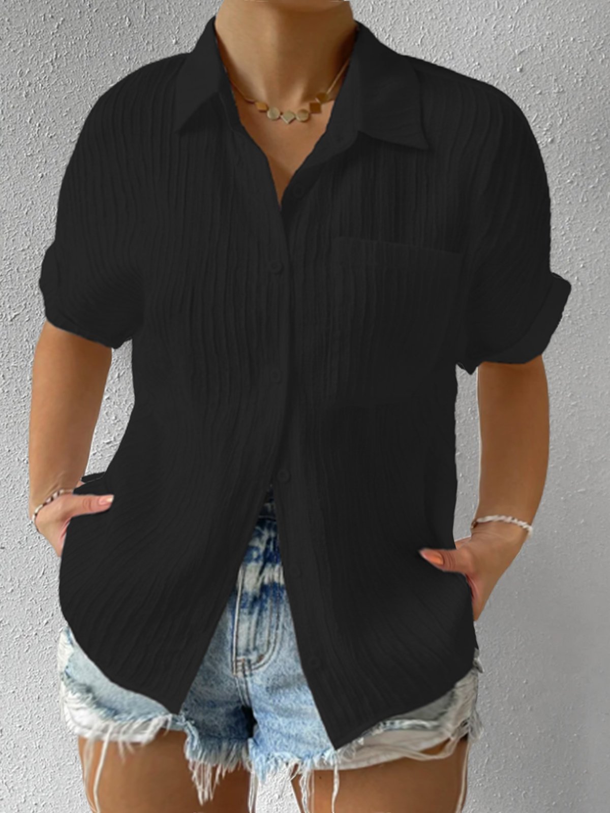 Plus Size Striped Elegant Plain Loose Short Sleeve Blouse