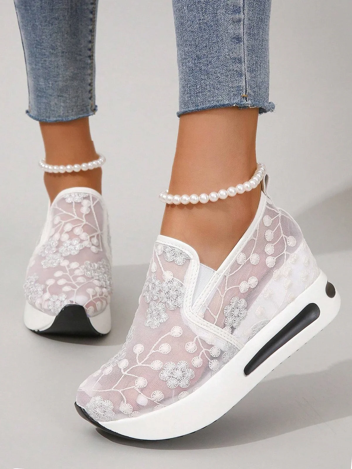 Floral Embroidery Breathable Sheer Mesh Sneakers