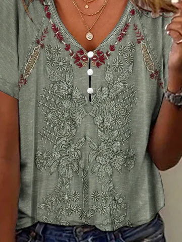 Casual V Neck Ethnic Buttoned Shirt