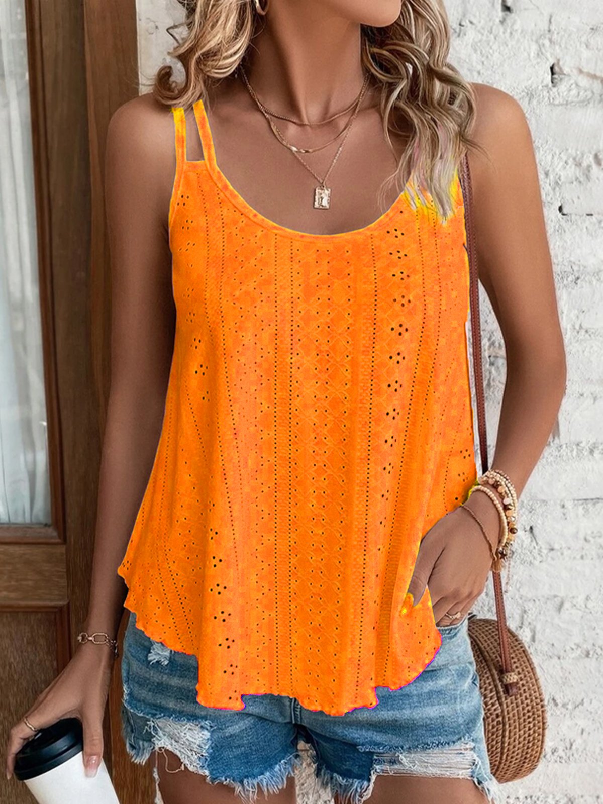 Plain Solid A-Line Tank Casual Eyelet Embroidery Cami