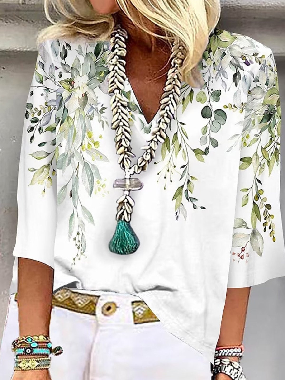 Casual Loose Floral Printed V Neck Shirt