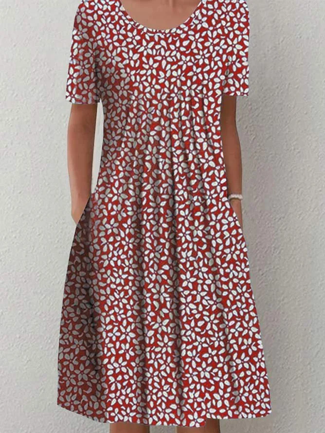 Casual Floral Pattern Crew Neck Loose Short Sleeve A-Line Dress