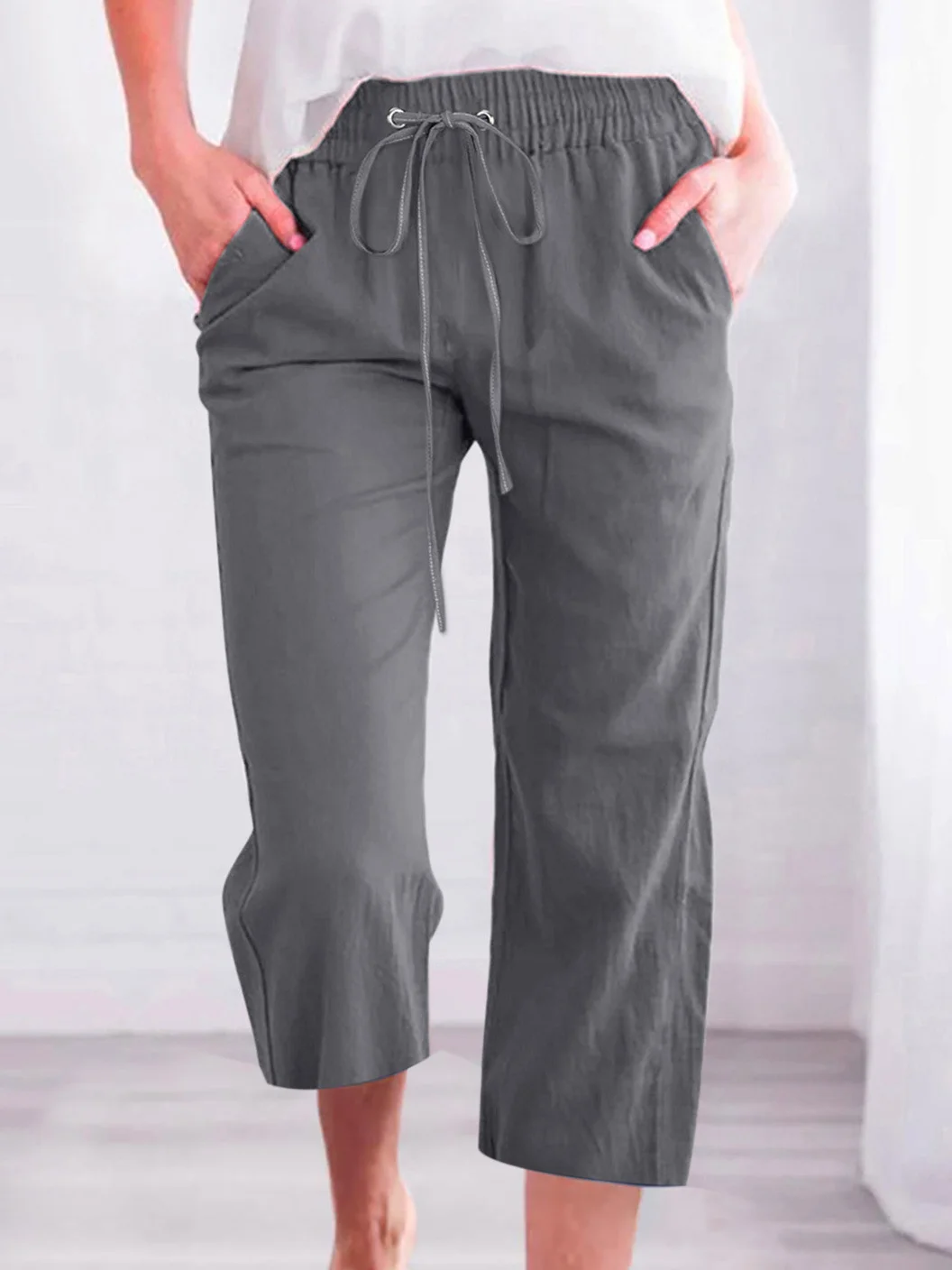 Women's Casual Summer Linen Pants High Waisted Loose Yoga Sweatpants Crop Pants with Pockets