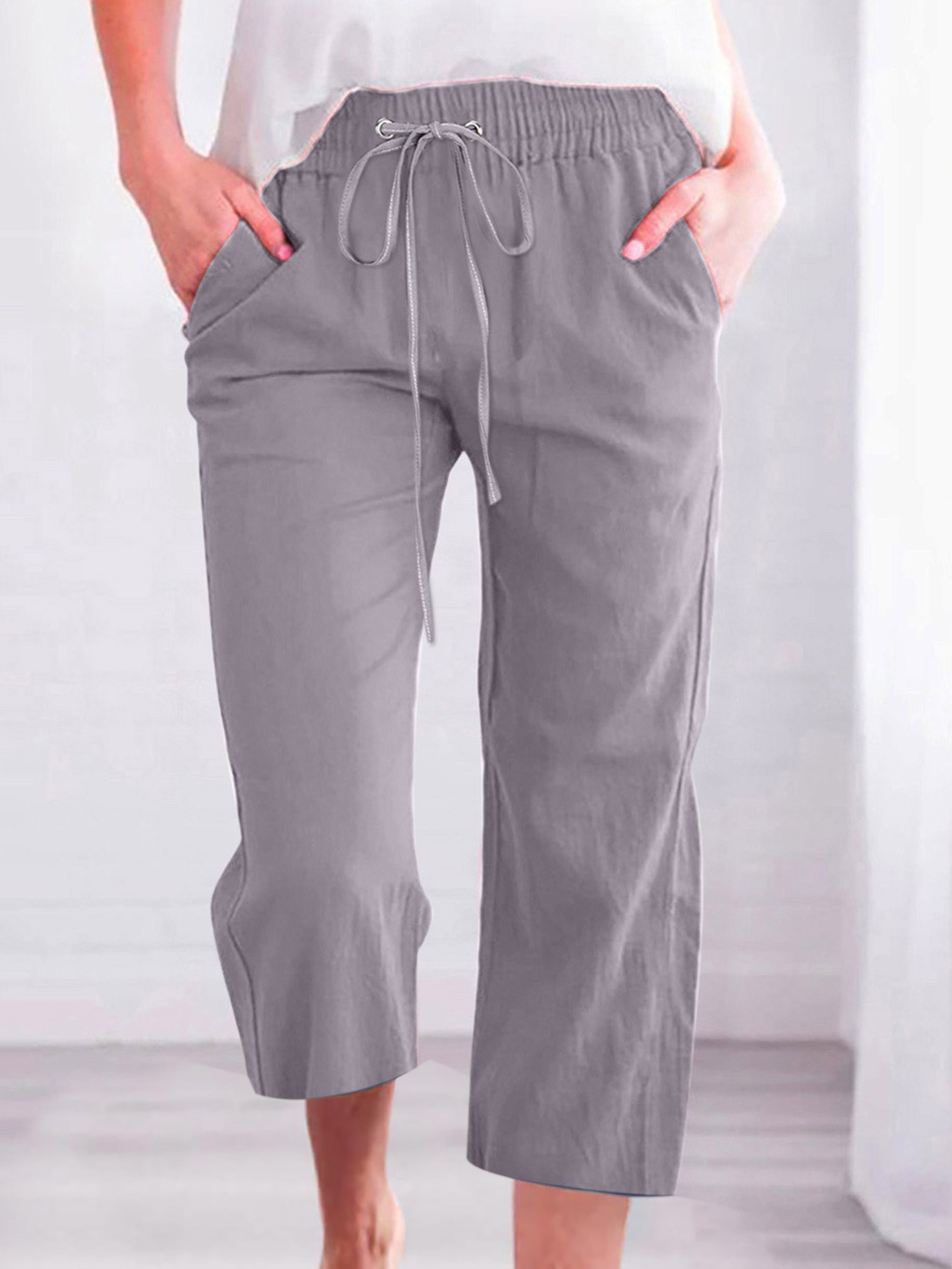 Women's Casual Summer Linen Pants High Waisted Loose Yoga Sweatpants Crop Pants with Pockets