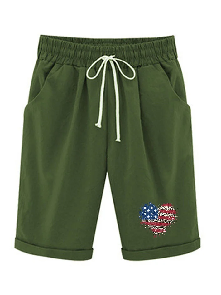 Women‘s Independence Day Knee Length Bermuda Shorts Plus Size Casual Summer Loose Fit Long Shorts Elastic Waist Shorts with Pockets