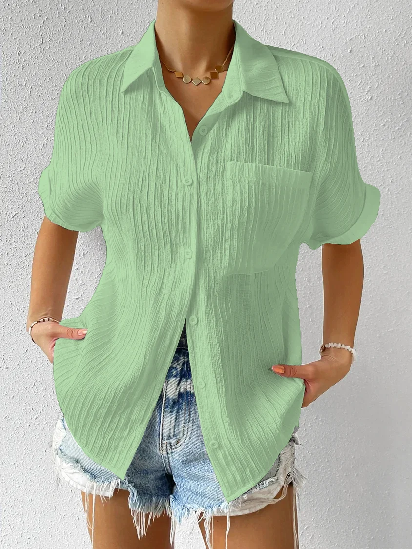 Striped Shirt Collar Casual Buttoned Loose Blouse
