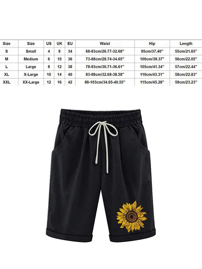 Women‘s Sunflower Knee Length Bermuda Shorts Plus Size Casual Summer Loose Fit Long Shorts Elastic Waist Shorts with Pockets