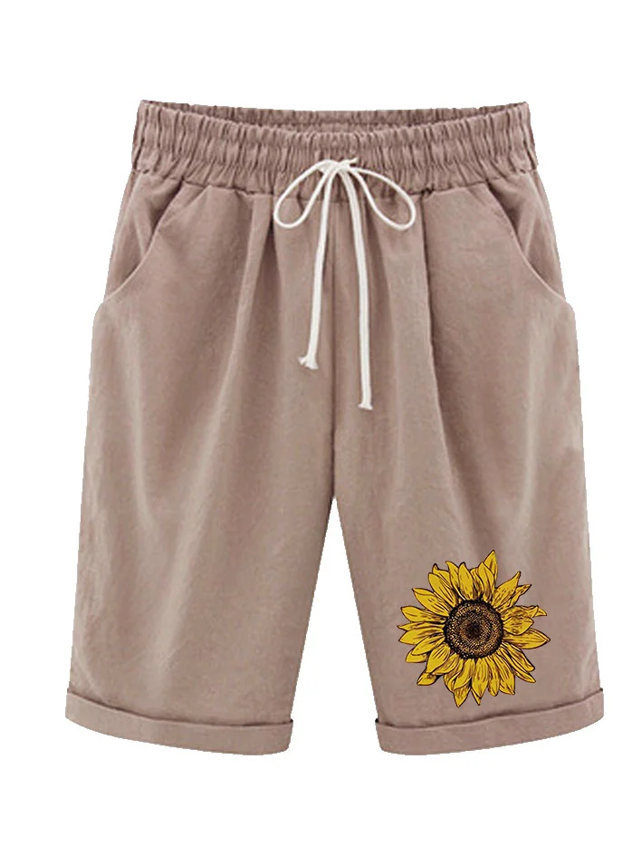 Women‘s Sunflower Knee Length Bermuda Shorts Plus Size Casual Summer Loose Fit Long Shorts Elastic Waist Shorts with Pockets