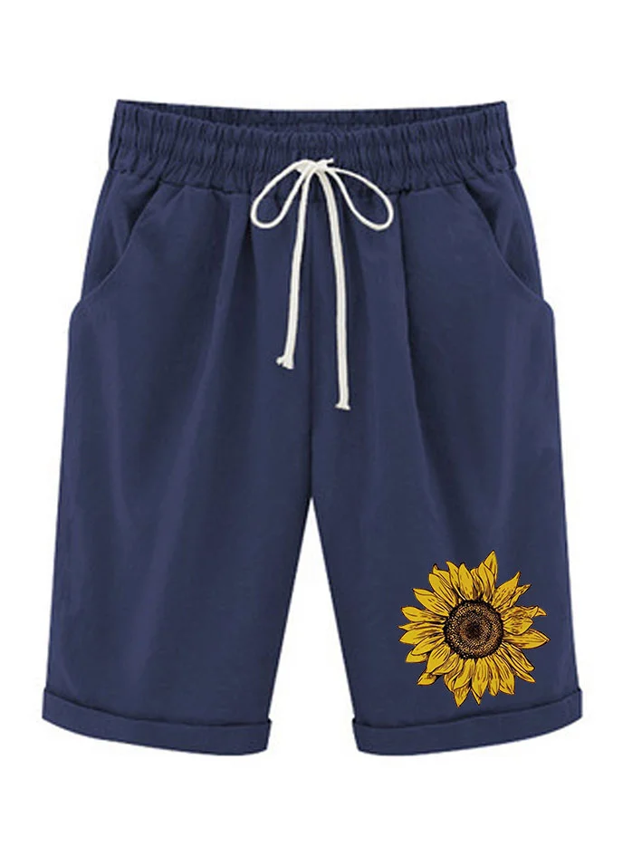 Women‘s Sunflower Knee Length Bermuda Shorts Plus Size Casual Summer Loose Fit Long Shorts Elastic Waist Shorts with Pockets