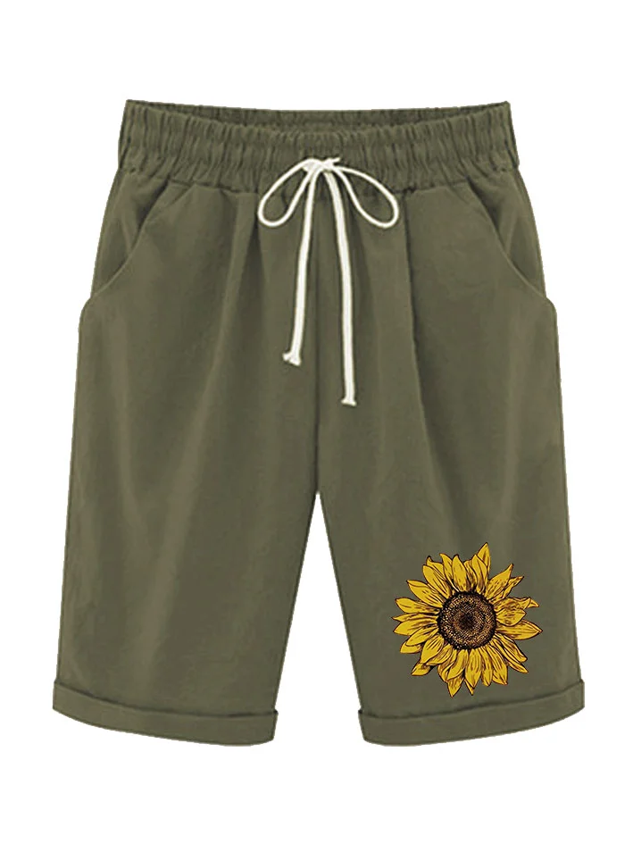 Women‘s Sunflower Knee Length Bermuda Shorts Plus Size Casual Summer Loose Fit Long Shorts Elastic Waist Shorts with Pockets