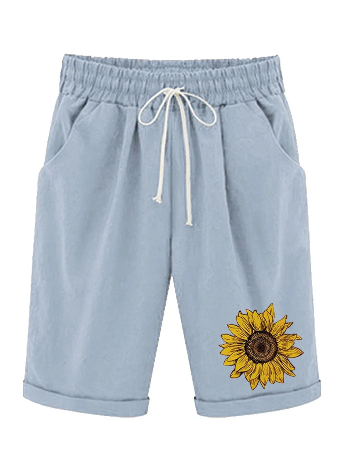 Women‘s Sunflower Knee Length Bermuda Shorts Plus Size Casual Summer Loose Fit Long Shorts Elastic Waist Shorts with Pockets