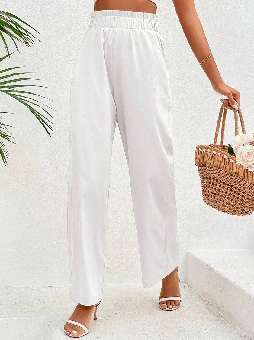 Cotton Casual Plain Paperbag Waist Wide Leg Pants