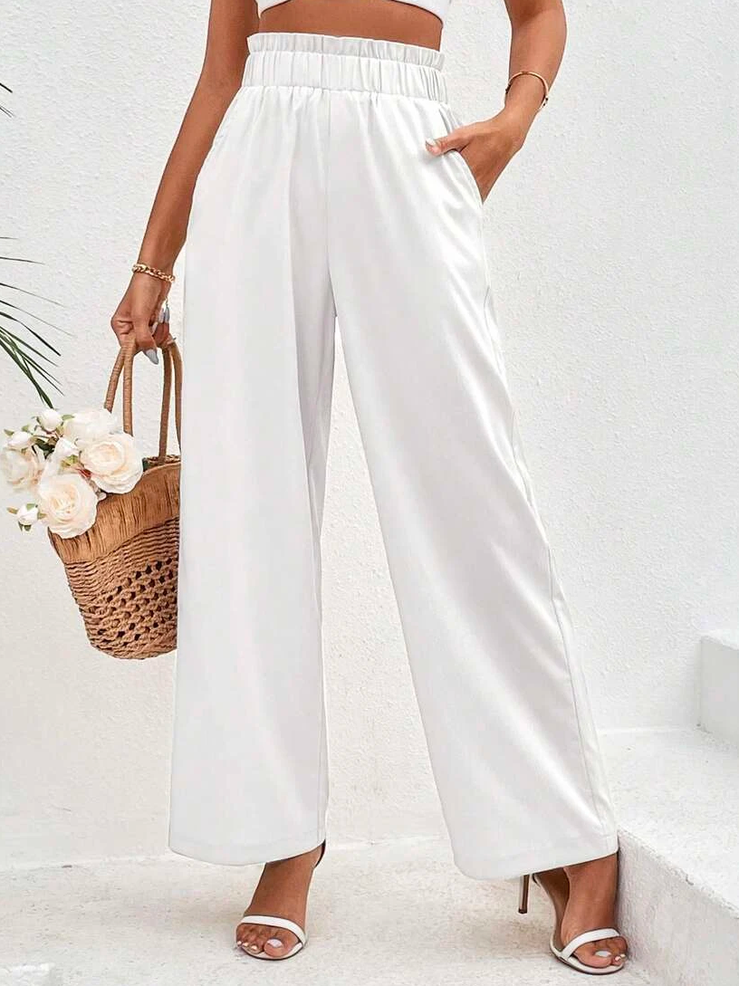 Cotton Casual Plain Paperbag Waist Wide Leg Pants