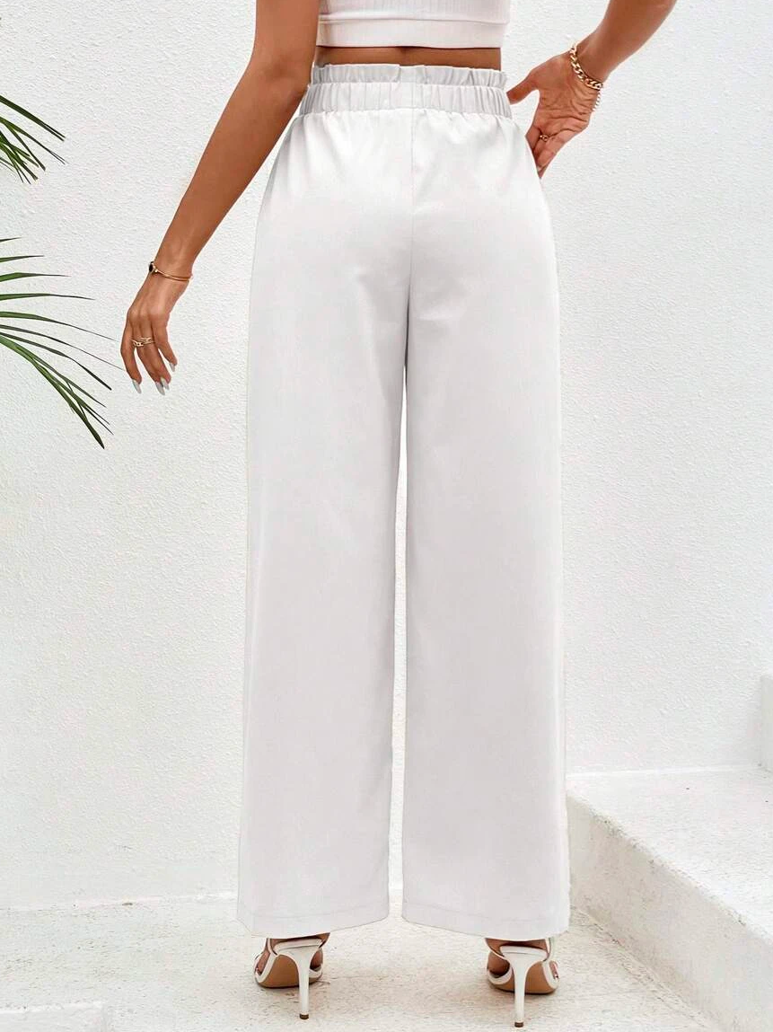 Cotton Casual Plain Paperbag Waist Wide Leg Pants