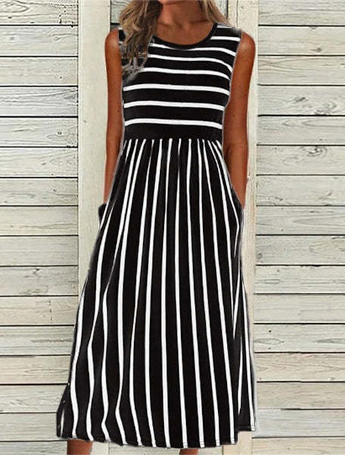 Striped Casual Crew Neck H-Line Sleeveless T-shirt Maxi Dress