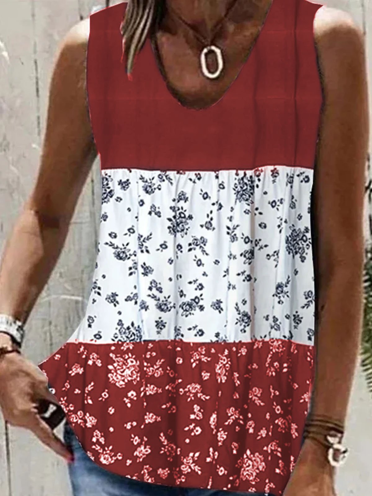 Loose Casual Floral Printed Crew Neck Tank Top