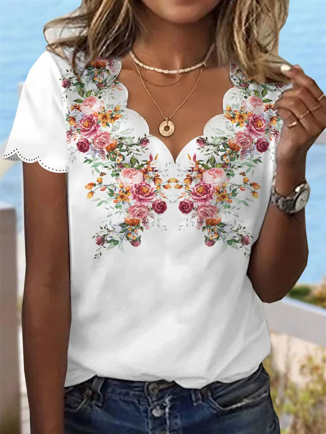 Casual Floral Jersey Lace Collar Shirt