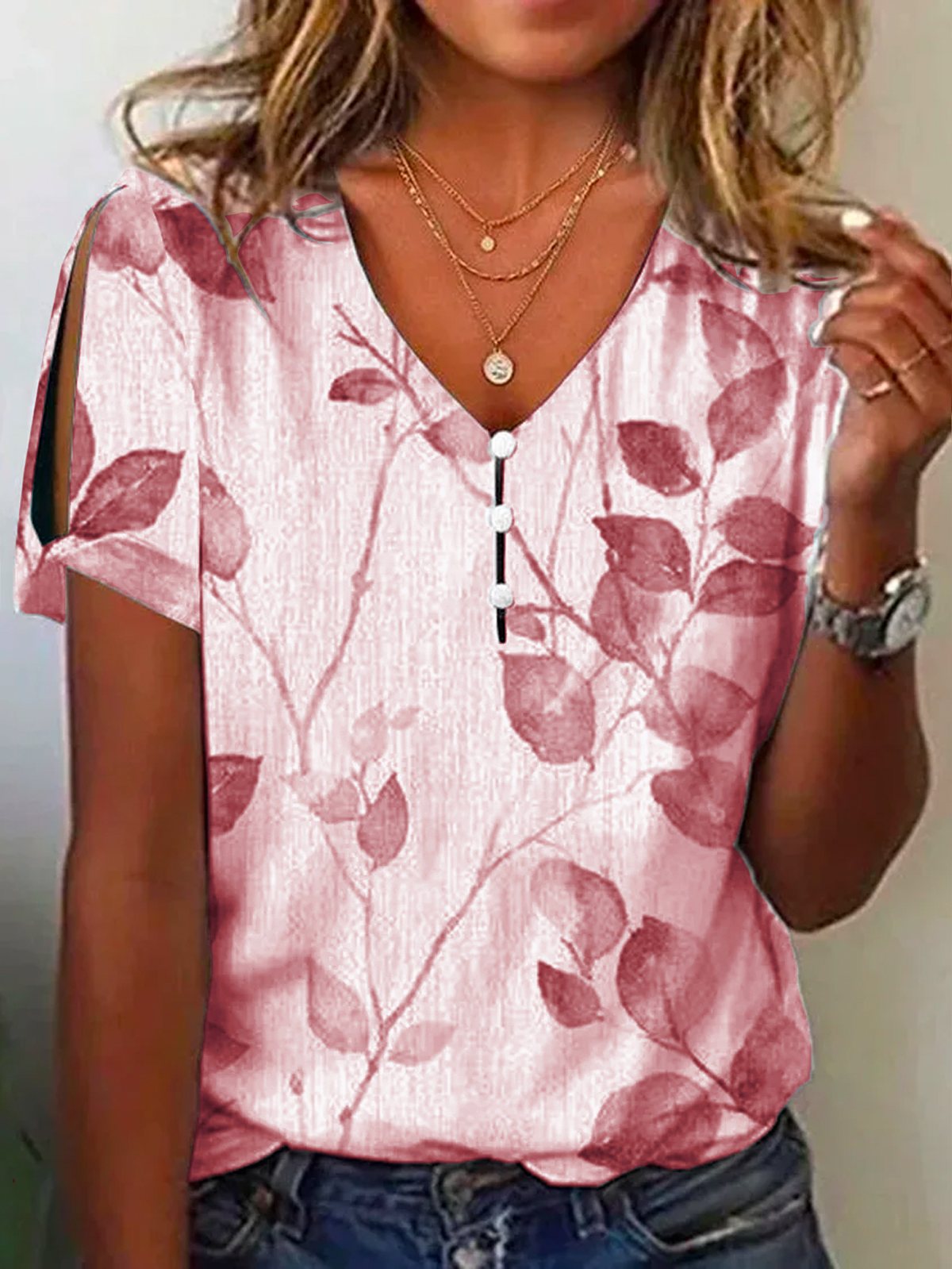 V Neck Casual Leaf Printed Shirt