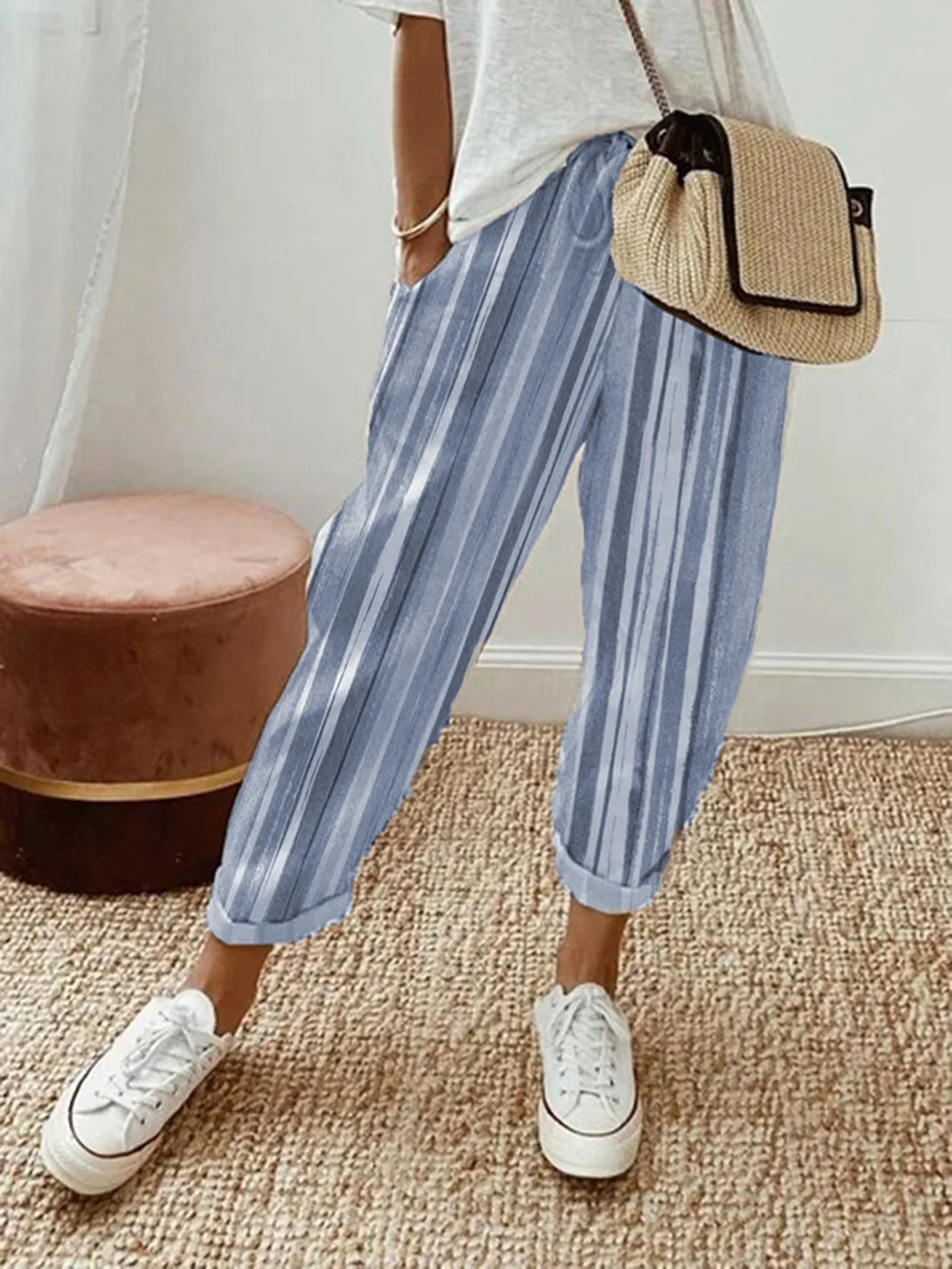 Striped Casual Pockets Loose Elastic Waist Pants