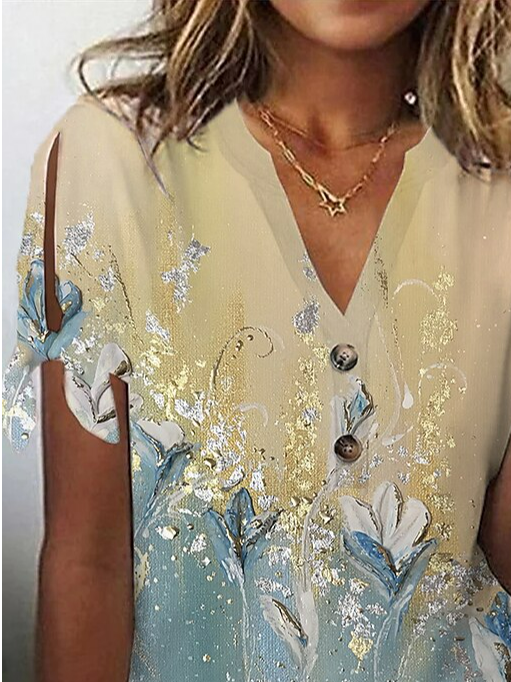 Floral Casual V Neck Loose Shirt