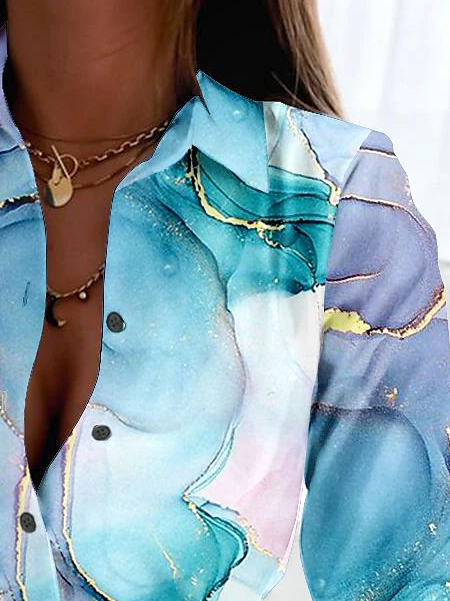 Gradient Pattern Casual Shirt Collar Loose Long Sleeve Blouse