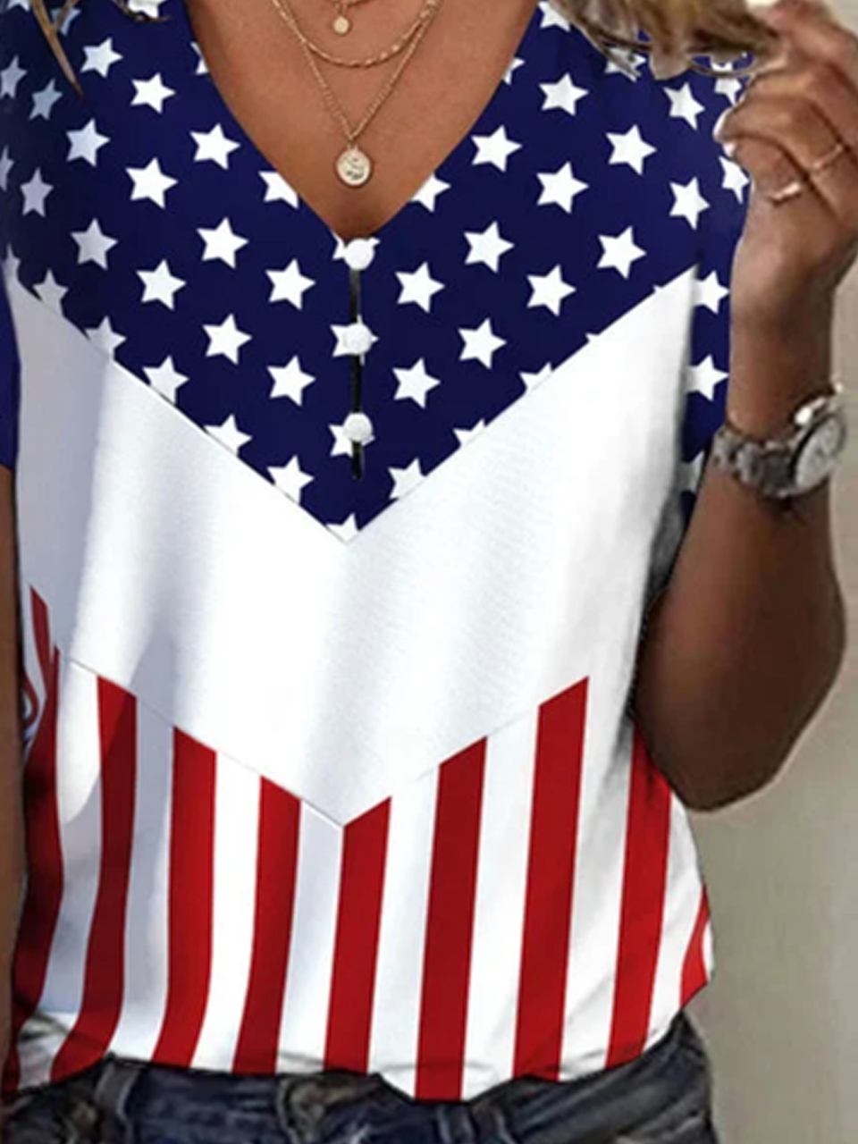 Striped Loose Casual V Neck Independence Day Shirt With America Flag