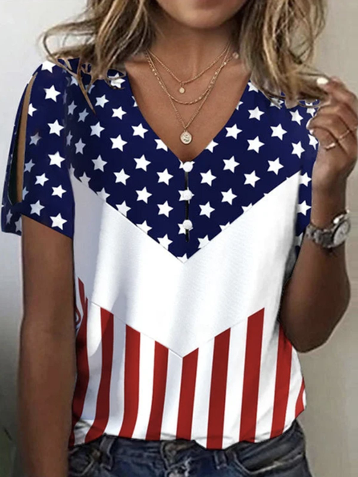 Striped Loose Casual V Neck Independence Day Shirt With America Flag