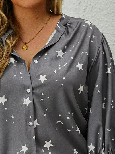 Plus Size Gray Star&Moon Printed Stand Collar Half Sleeve Casual Shift Top