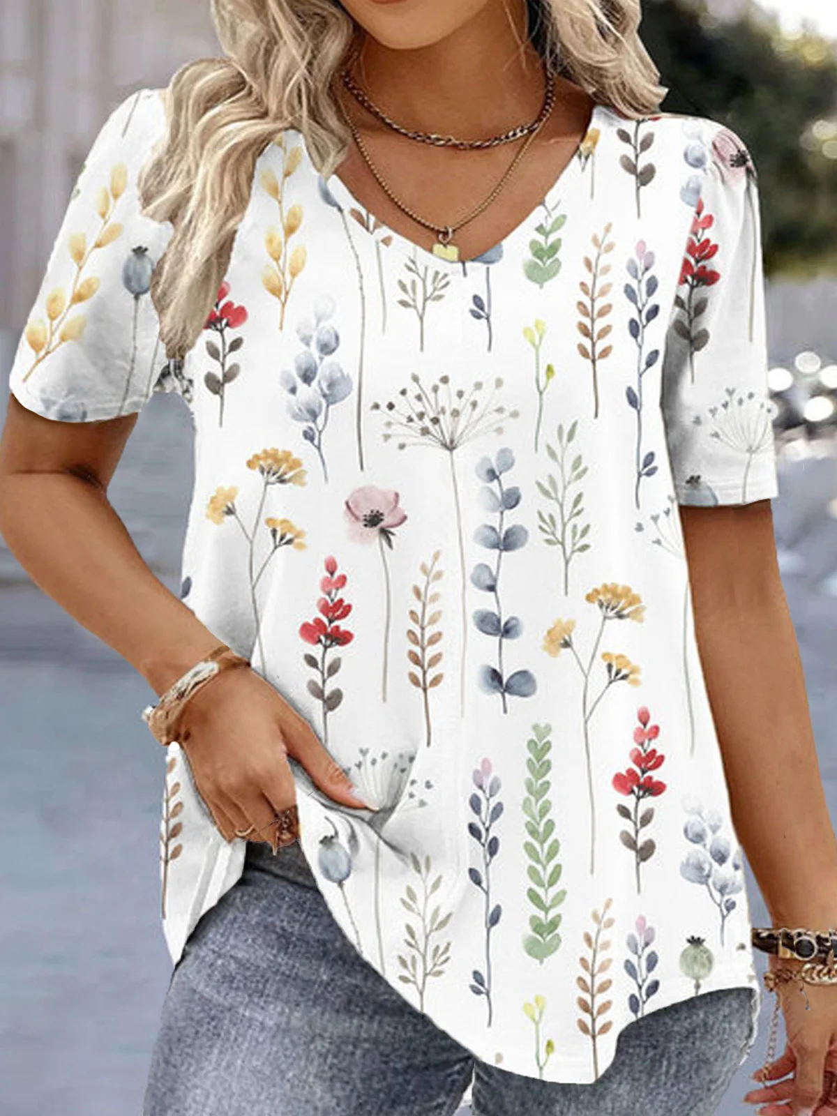 Plus Size Floral Loose Casual V Neck Short Sleeve Shirt